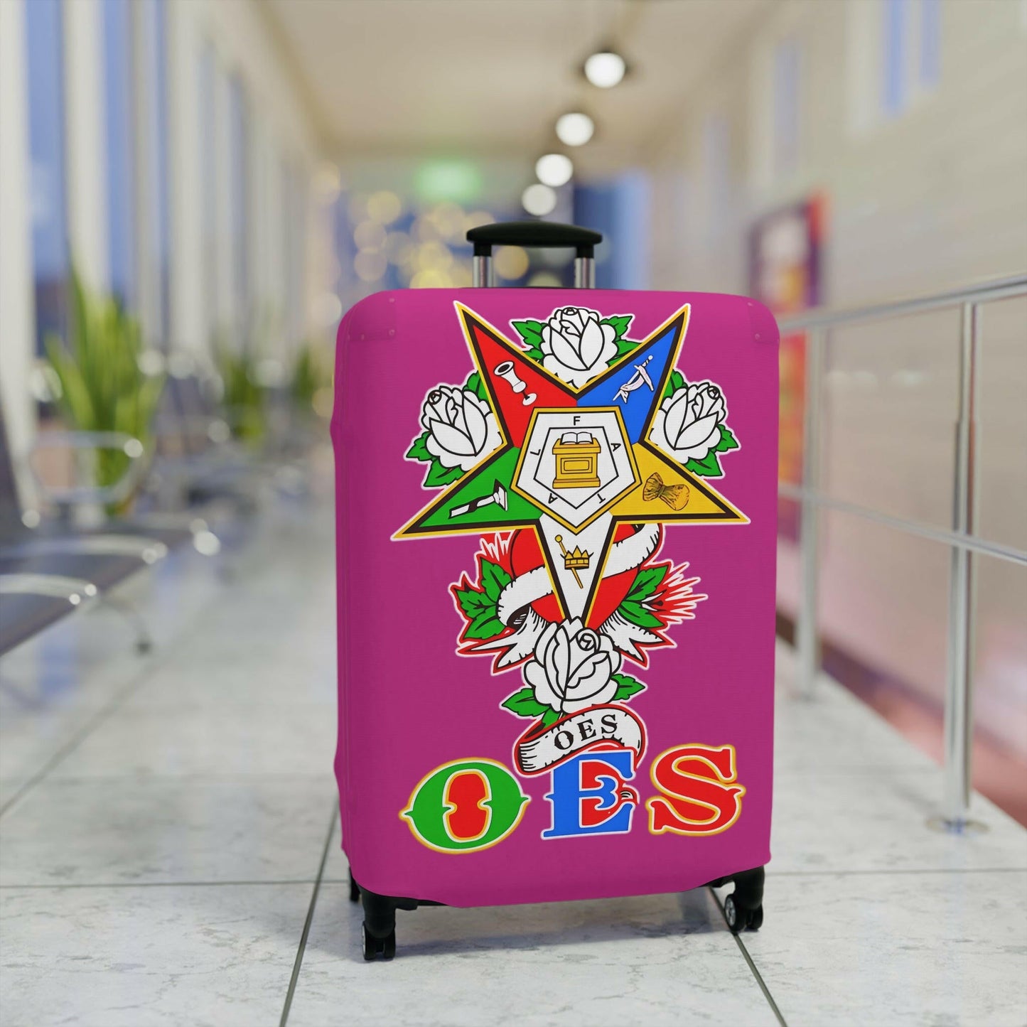 Order of Eastern Star Luggage Cover - Travel Accessory, Suitcase Protector, Freemasonry Gift, Masonic Organization, OES Emblem Printify