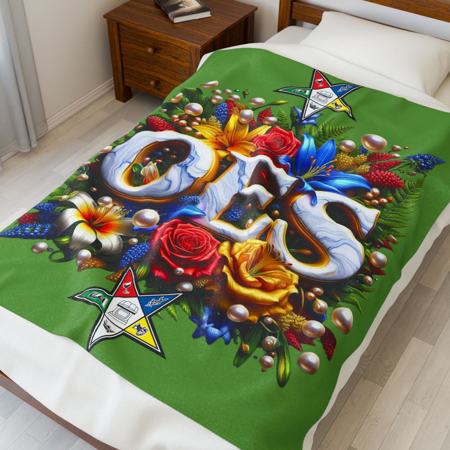 Order of Eastern Star Green Velveteen Plush Blanket - Cozy Throw for Freemasons, Masonic Home Decor, Masonic Gift, Masonic Blanket, Eastern - Nineteen 29 Kustom