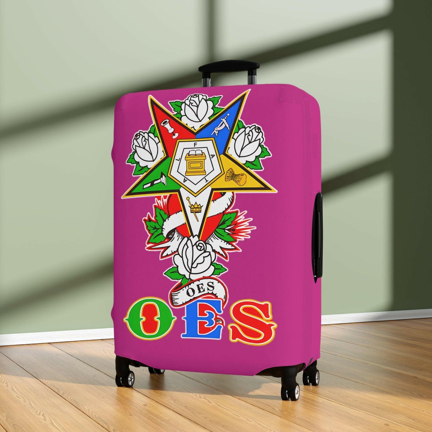 Order of Eastern Star Luggage Cover - Travel Accessory, Suitcase Protector, Freemasonry Gift, Masonic Organization, OES Emblem Printify