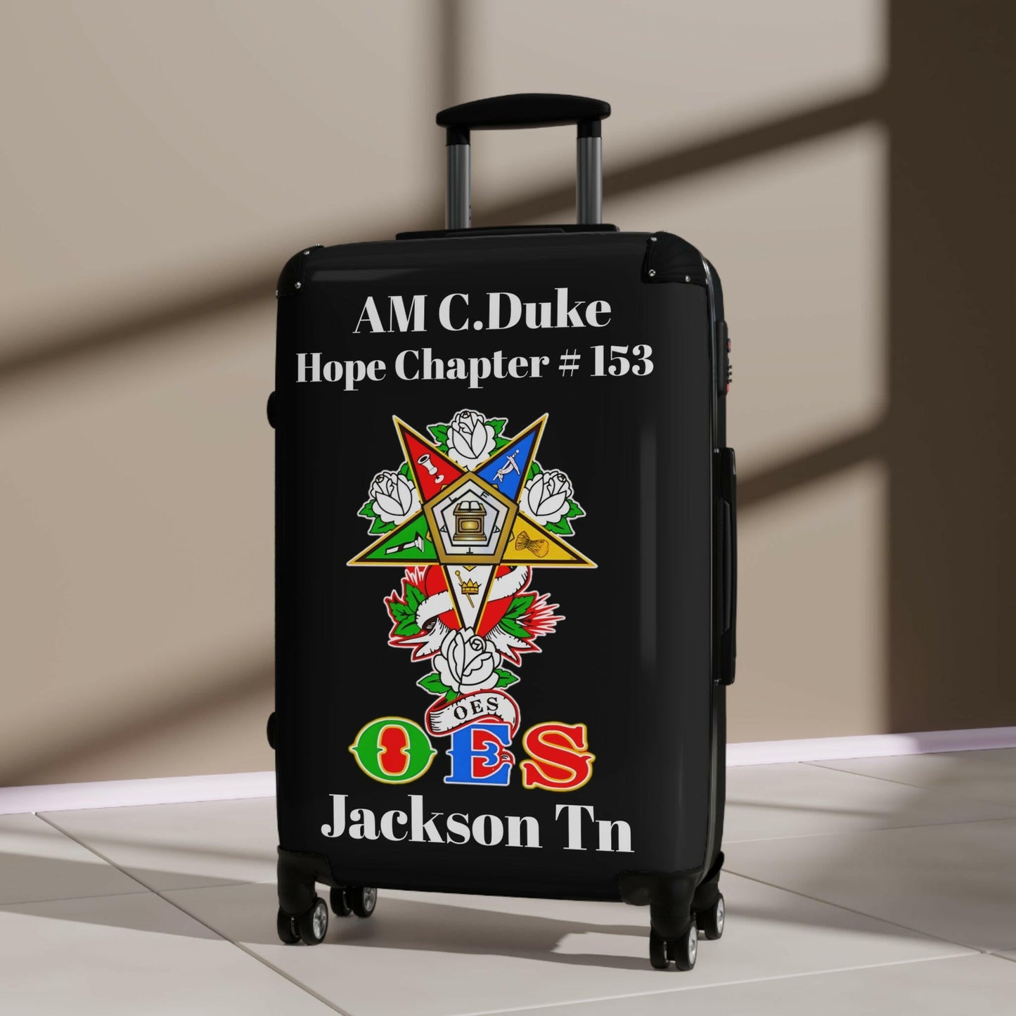 Custom Graphic Suitcases, Personalized Carry-On for Travelers, Unique Travel Gear, Ideal for Eastern Stars, Great OES Gift, AM C Duke Printify