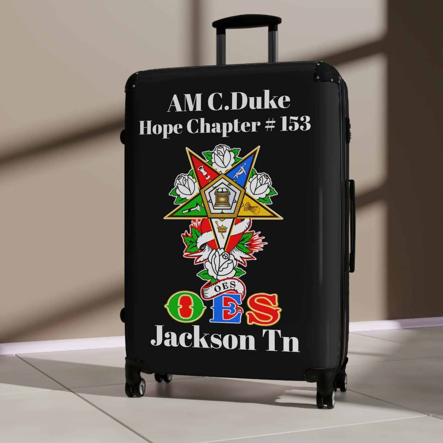 Custom Graphic Suitcases, Personalized Carry-On for Travelers, Unique Travel Gear, Ideal for Eastern Stars, Great OES Gift, AM C Duke Printify