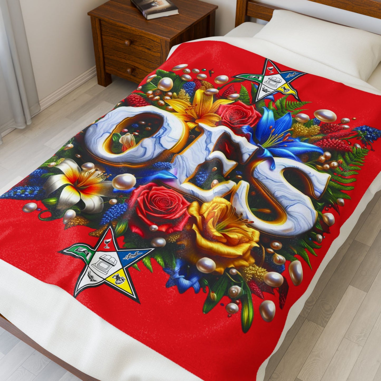 Order of Eastern Star Red Velveteen Plush Blanket - Cozy Throw for Freemasons, Masonic Home Decor, Masonic Gift, Masonic Blanket, Eastern - Nineteen 29 Kustom