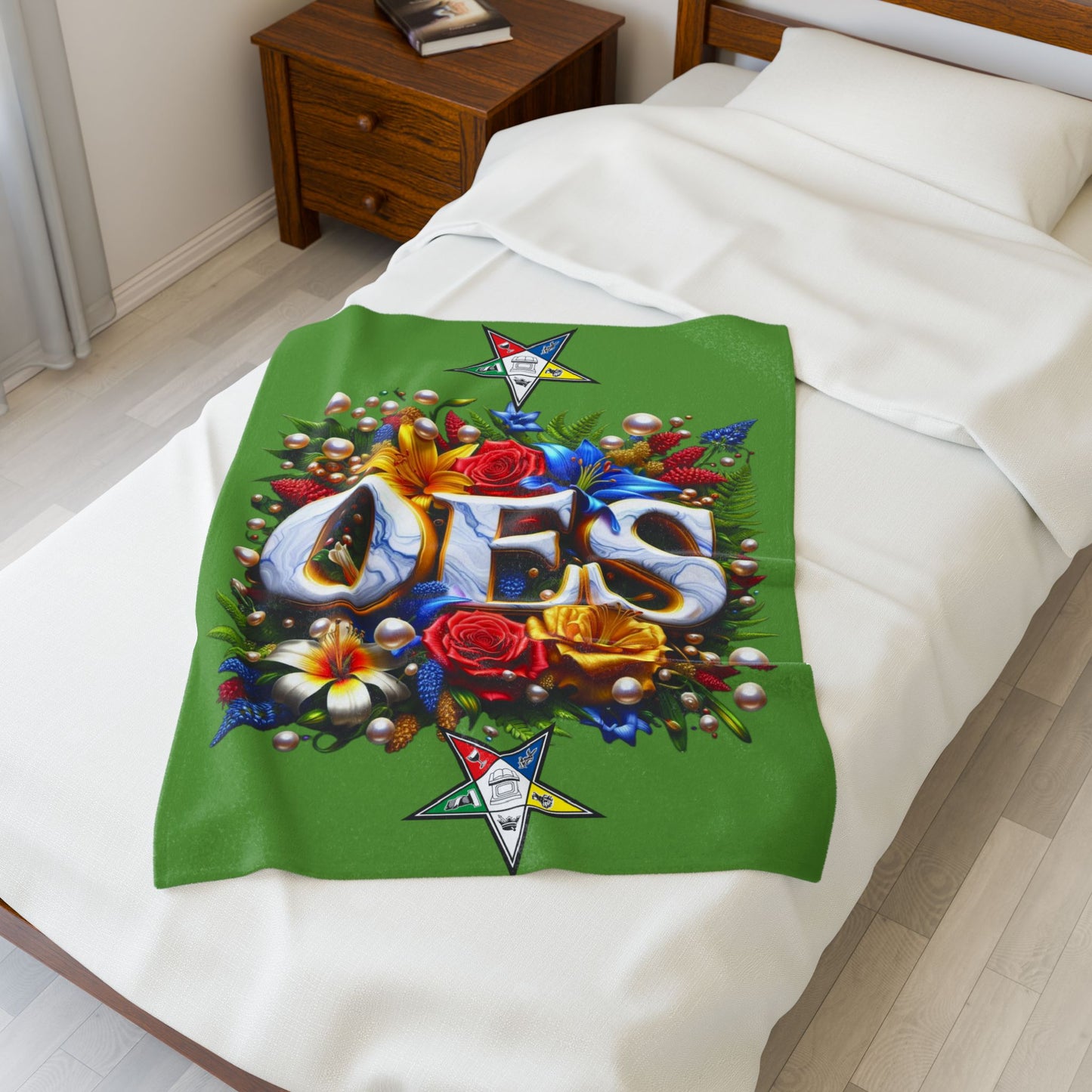 Order of Eastern Star Green Velveteen Plush Blanket - Cozy Throw for Freemasons, Masonic Home Decor, Masonic Gift, Masonic Blanket, Eastern - Nineteen 29 Kustom