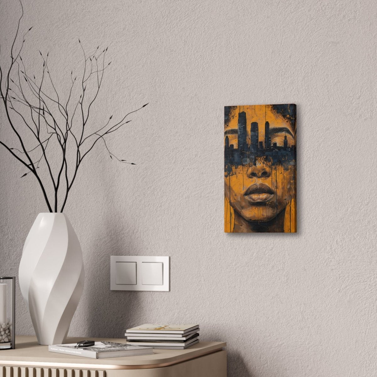 Urban Muse Canvas Print — City Skyline Face Art, Modern Orange Wall Decor - Nineteen 29 Kustom
