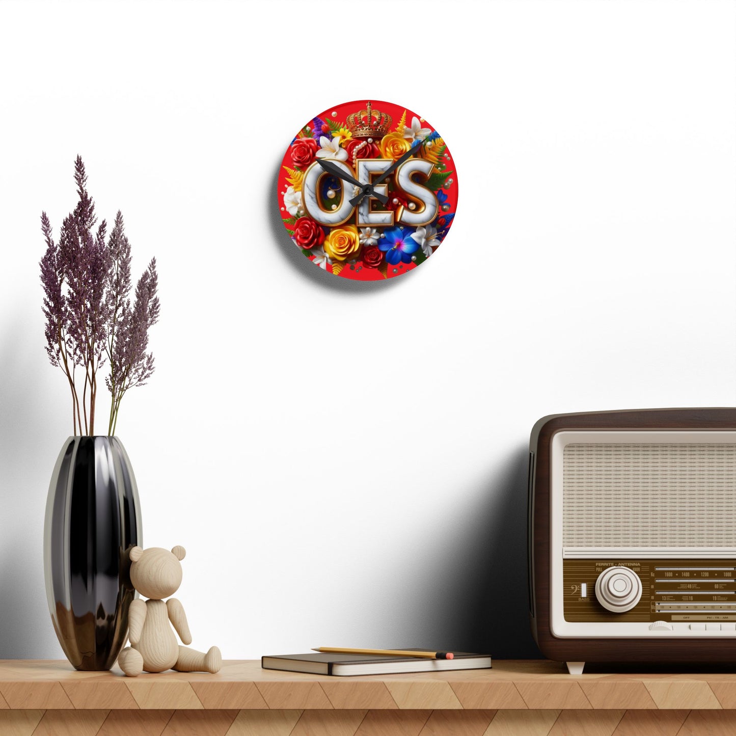 Order of Eastern Star Red Acrylic Wall Clock - Masonic Organization Home Decor, OES Gift, Masonic Lodge Wall Art, Customizable Freemason - Nineteen 29 Kustom