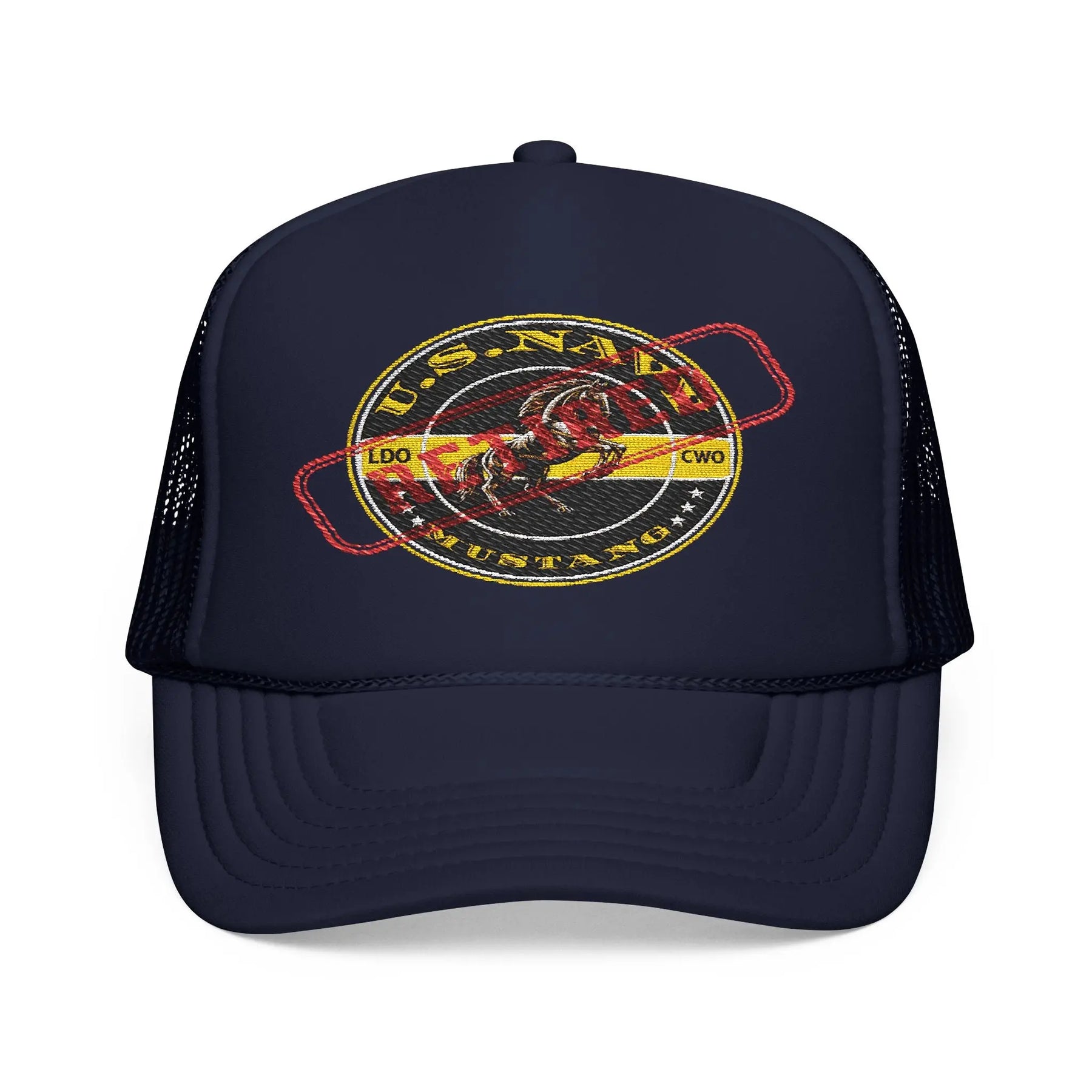 Retired Navy Mustang Embroidered Foam Trucker Hat - Retro Style, Casual Wear, Summer Accessory Printify