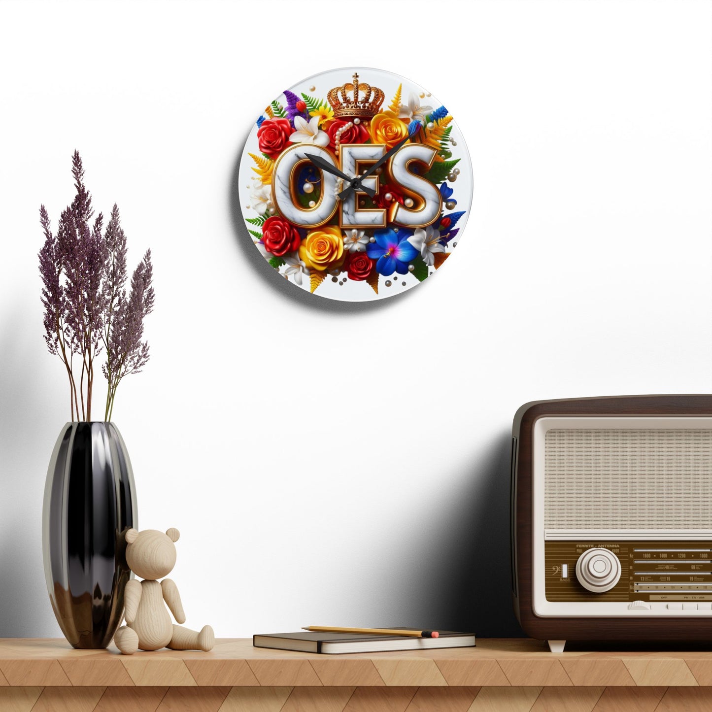 Order of Eastern Star White Acrylic Wall Clock - Masonic Organization Home Decor, OES Gift, Masonic Lodge Wall Art, Customizable Freemason - Nineteen 29 Kustom