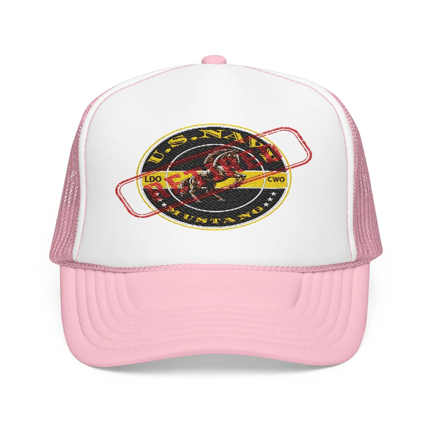 Retired Navy Mustang Embroidered Foam Trucker Hat - Retro Style, Casual Wear, Summer Accessory Printify