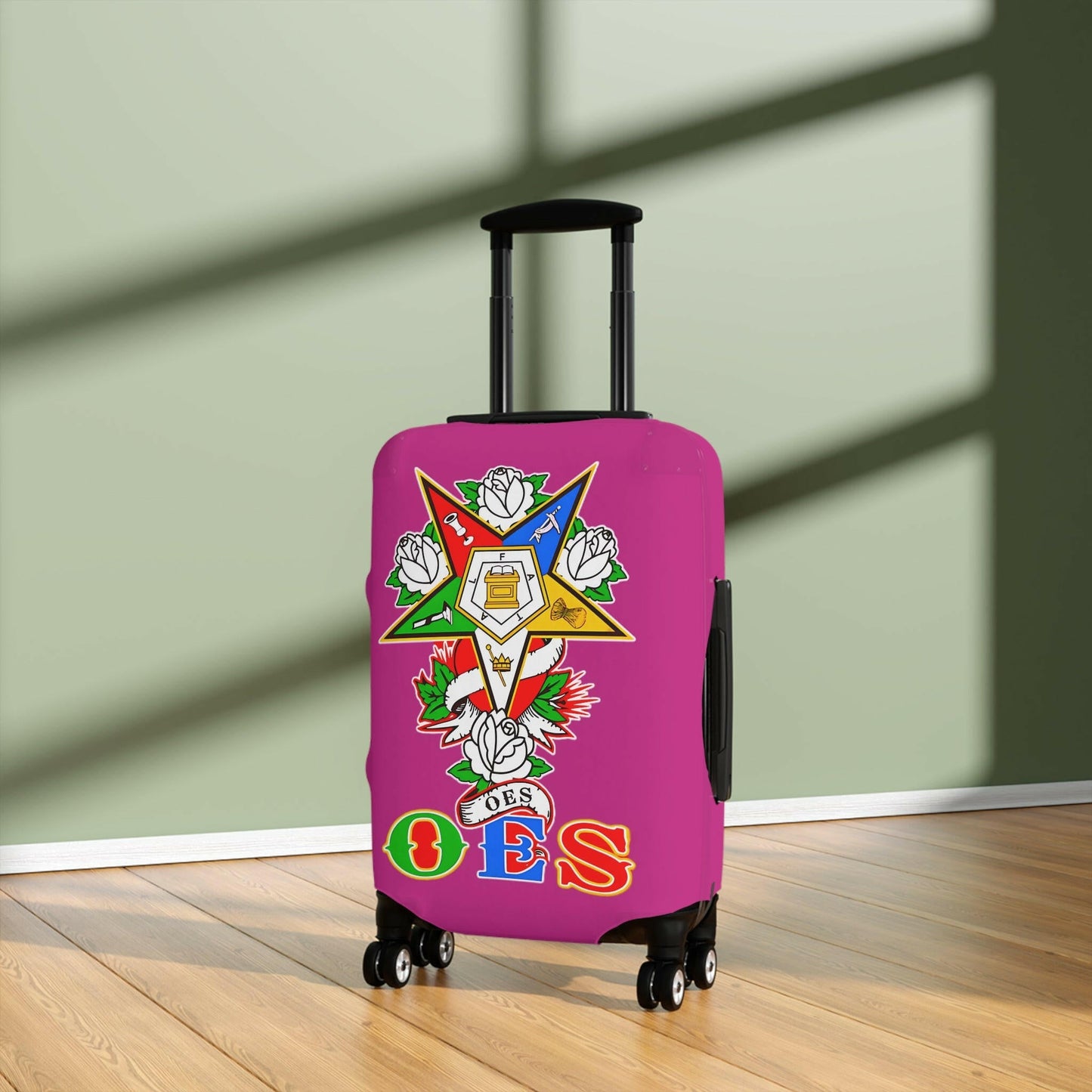 Order of Eastern Star Luggage Cover - Travel Accessory, Suitcase Protector, Freemasonry Gift, Masonic Organization, OES Emblem Printify
