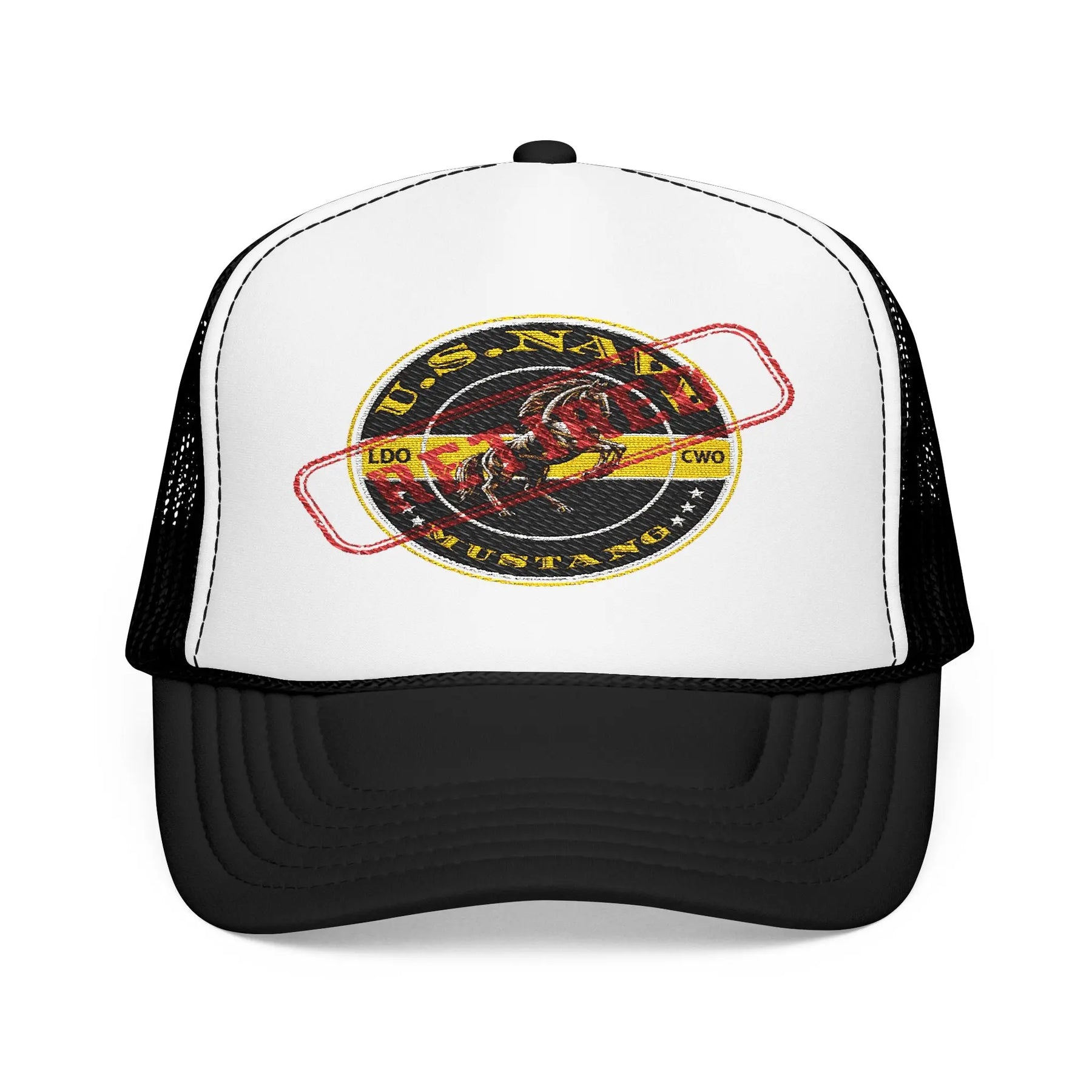 Retired Navy Mustang Embroidered Foam Trucker Hat - Retro Style, Casual Wear, Summer Accessory Printify