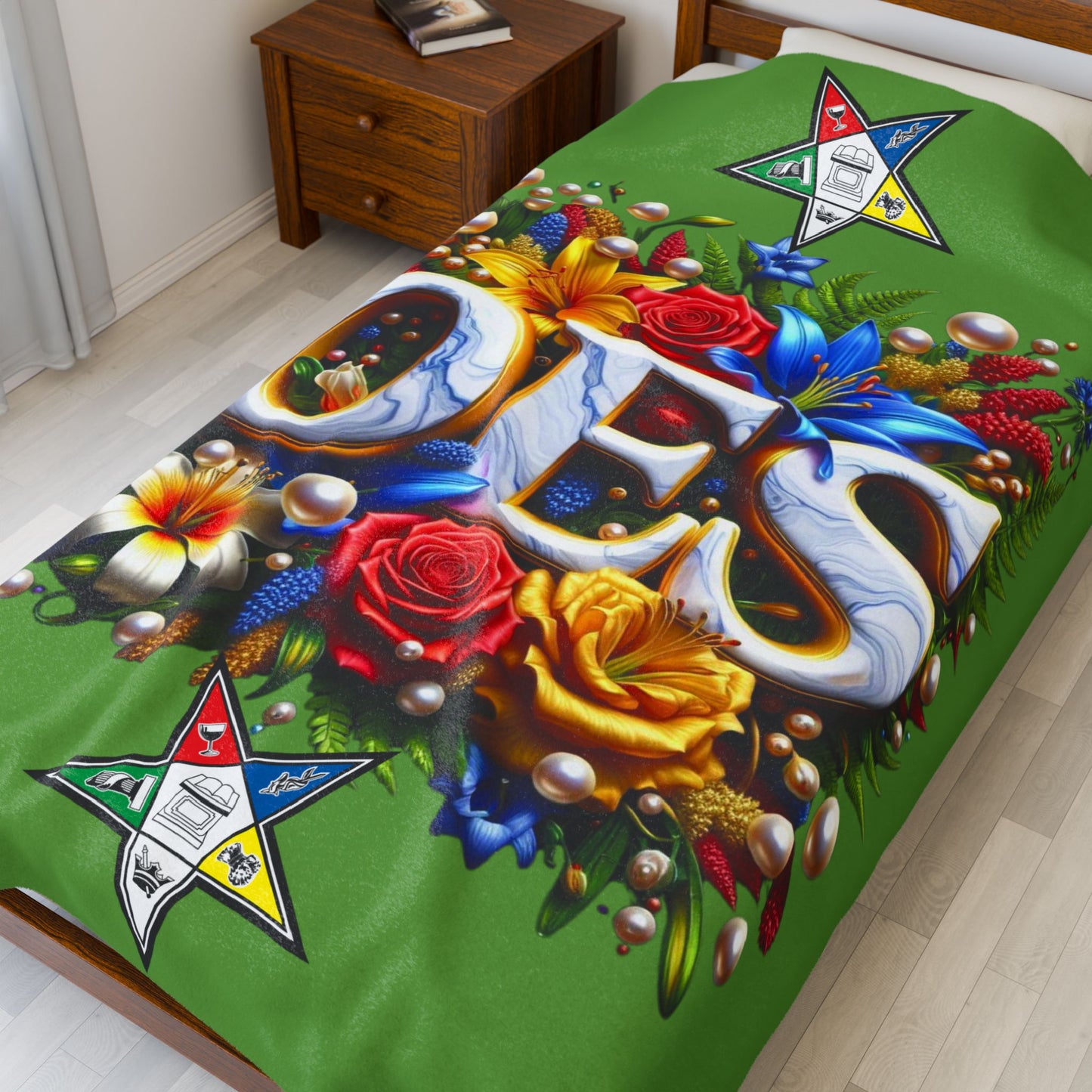 Order of Eastern Star Green Velveteen Plush Blanket - Cozy Throw for Freemasons, Masonic Home Decor, Masonic Gift, Masonic Blanket, Eastern - Nineteen 29 Kustom