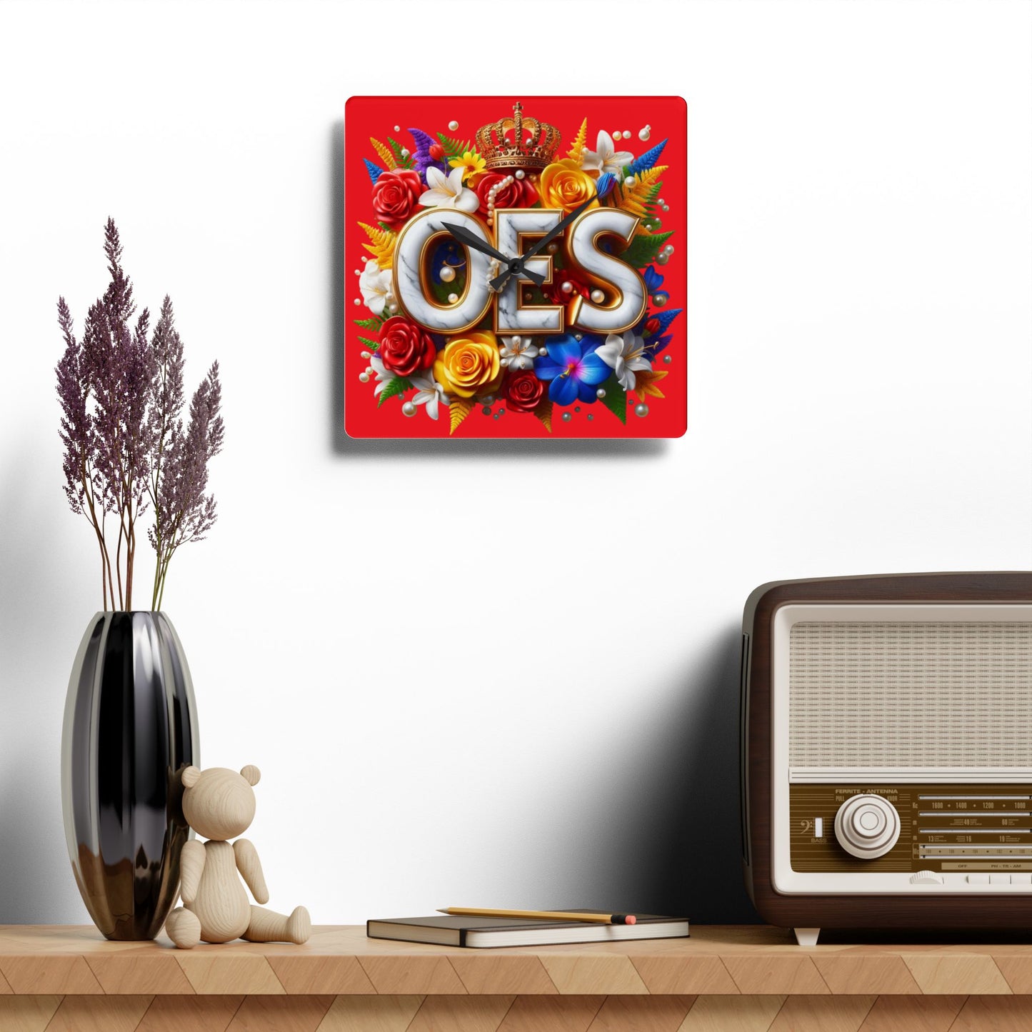 Order of Eastern Star Red Acrylic Wall Clock - Masonic Organization Home Decor, OES Gift, Masonic Lodge Wall Art, Customizable Freemason - Nineteen 29 Kustom