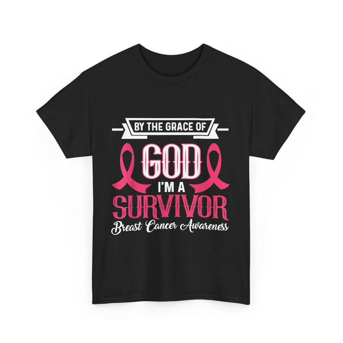 God is Survivor Unisex Heavy Cotton Tee | Pink Ribbon Shirt, Breast Cancer Awareness, Gift for Survivors, Supportive T-Shirt, [...] Printify