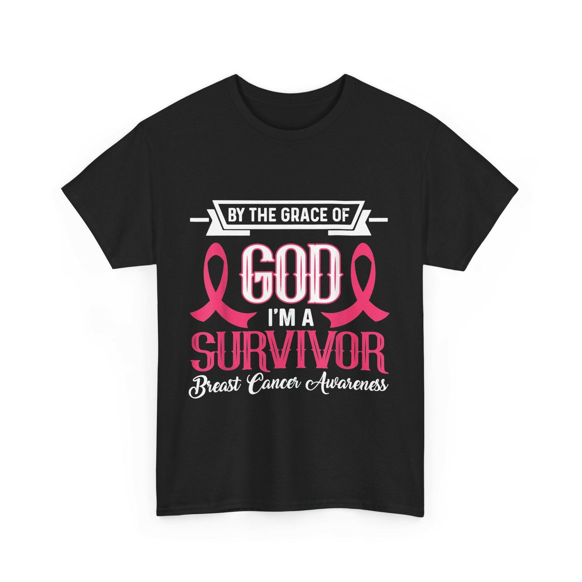 God is Survivor Unisex Heavy Cotton Tee | Pink Ribbon Shirt, Breast Cancer Awareness, Gift for Survivors, Supportive T-Shirt, [...] Printify