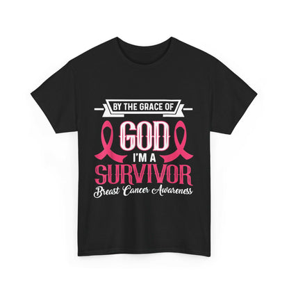 God is Survivor Unisex Heavy Cotton Tee | Pink Ribbon Shirt, Breast Cancer Awareness, Gift for Survivors, Supportive T-Shirt, [...] Printify