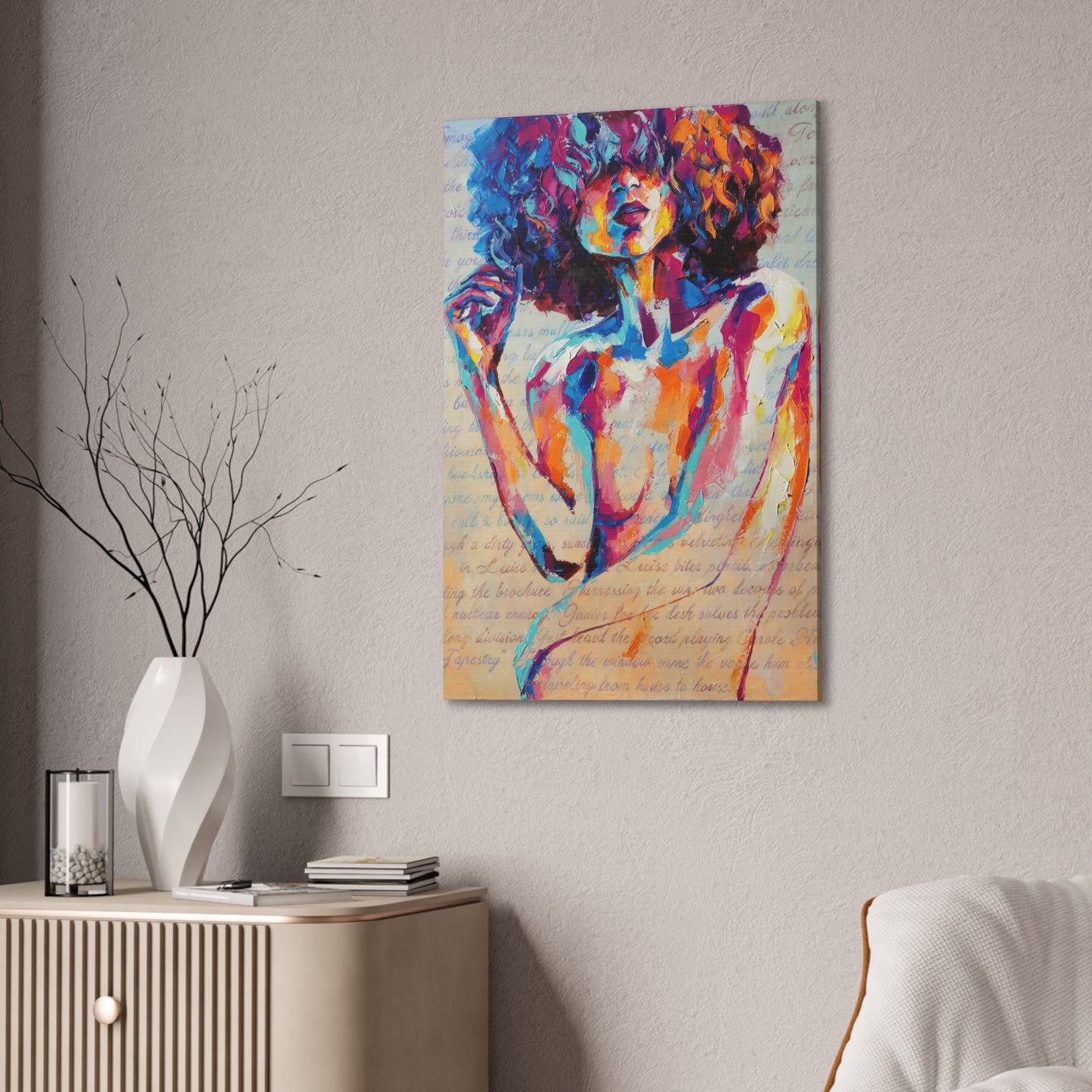 Colorful Abstract Woman Canvas Wall Art – Vibrant Afro Portrait Stretched Canvas