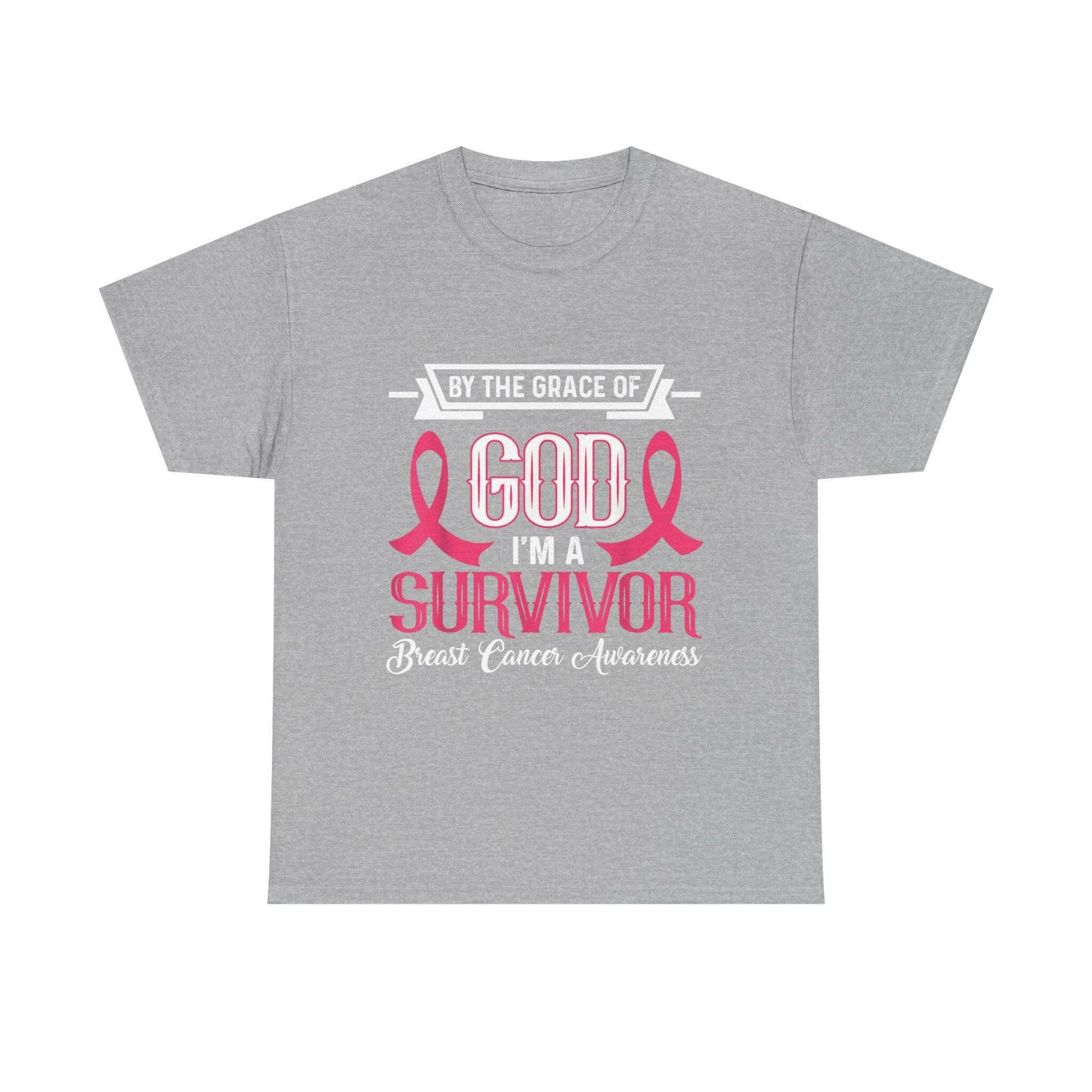 God is Survivor Unisex Heavy Cotton Tee | Pink Ribbon Shirt, Breast Cancer Awareness, Gift for Survivors, Supportive T-Shirt, [...] Printify