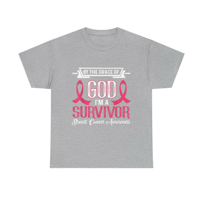 God is Survivor Unisex Heavy Cotton Tee | Pink Ribbon Shirt, Breast Cancer Awareness, Gift for Survivors, Supportive T-Shirt, [...] Printify