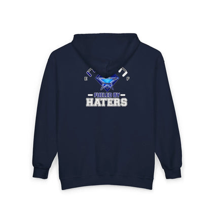 Fueled by Haters" Zip-Up Hoodie with Graphic Emblem & Roomy Pockets Printify
