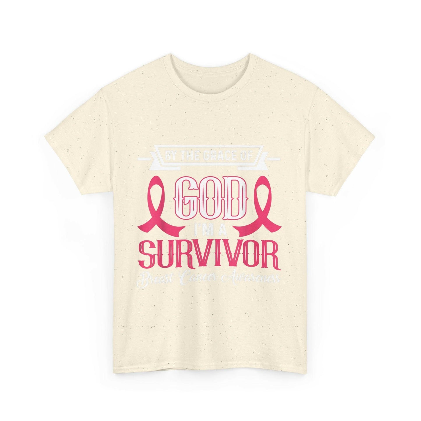God is Survivor Unisex Heavy Cotton Tee | Pink Ribbon Shirt, Breast Cancer Awareness, Gift for Survivors, Supportive T-Shirt, [...] Printify