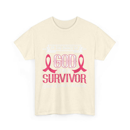 God is Survivor Unisex Heavy Cotton Tee | Pink Ribbon Shirt, Breast Cancer Awareness, Gift for Survivors, Supportive T-Shirt, [...] Printify
