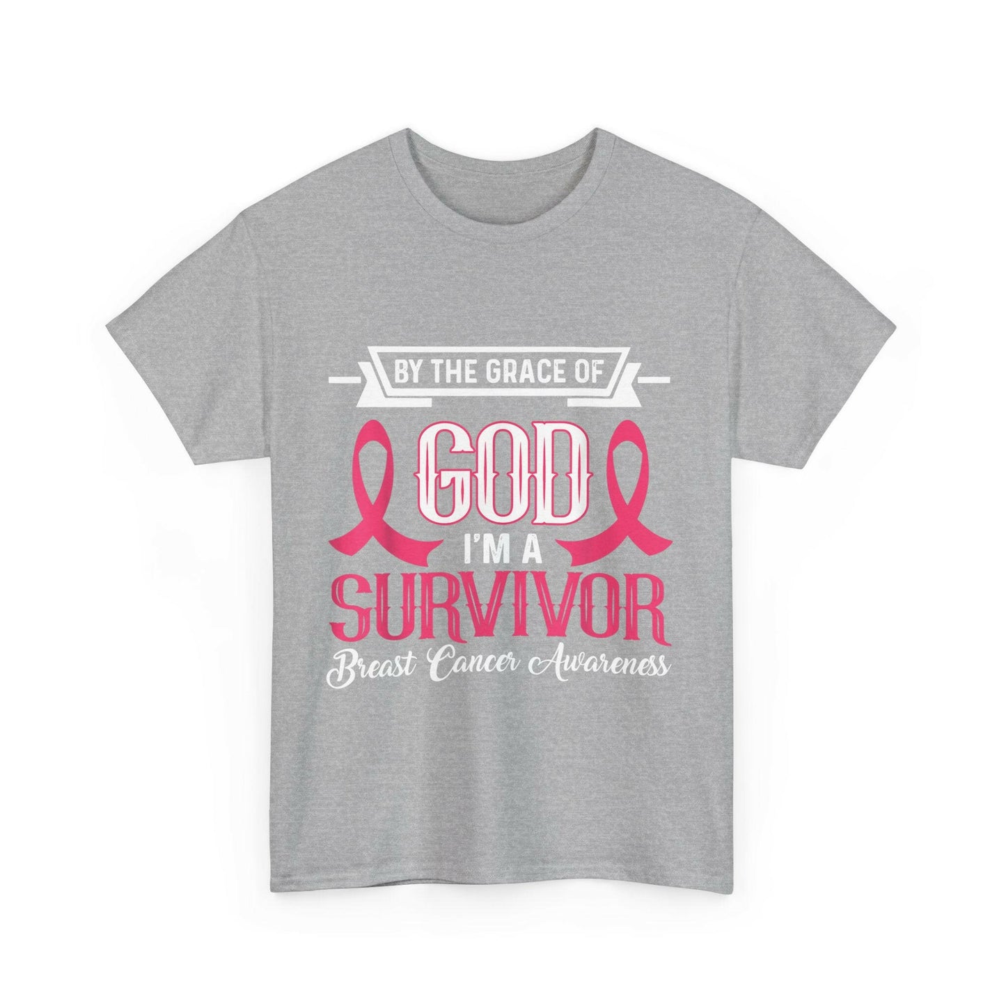 God is Survivor Unisex Heavy Cotton Tee | Pink Ribbon Shirt, Breast Cancer Awareness, Gift for Survivors, Supportive T-Shirt, [...] Printify