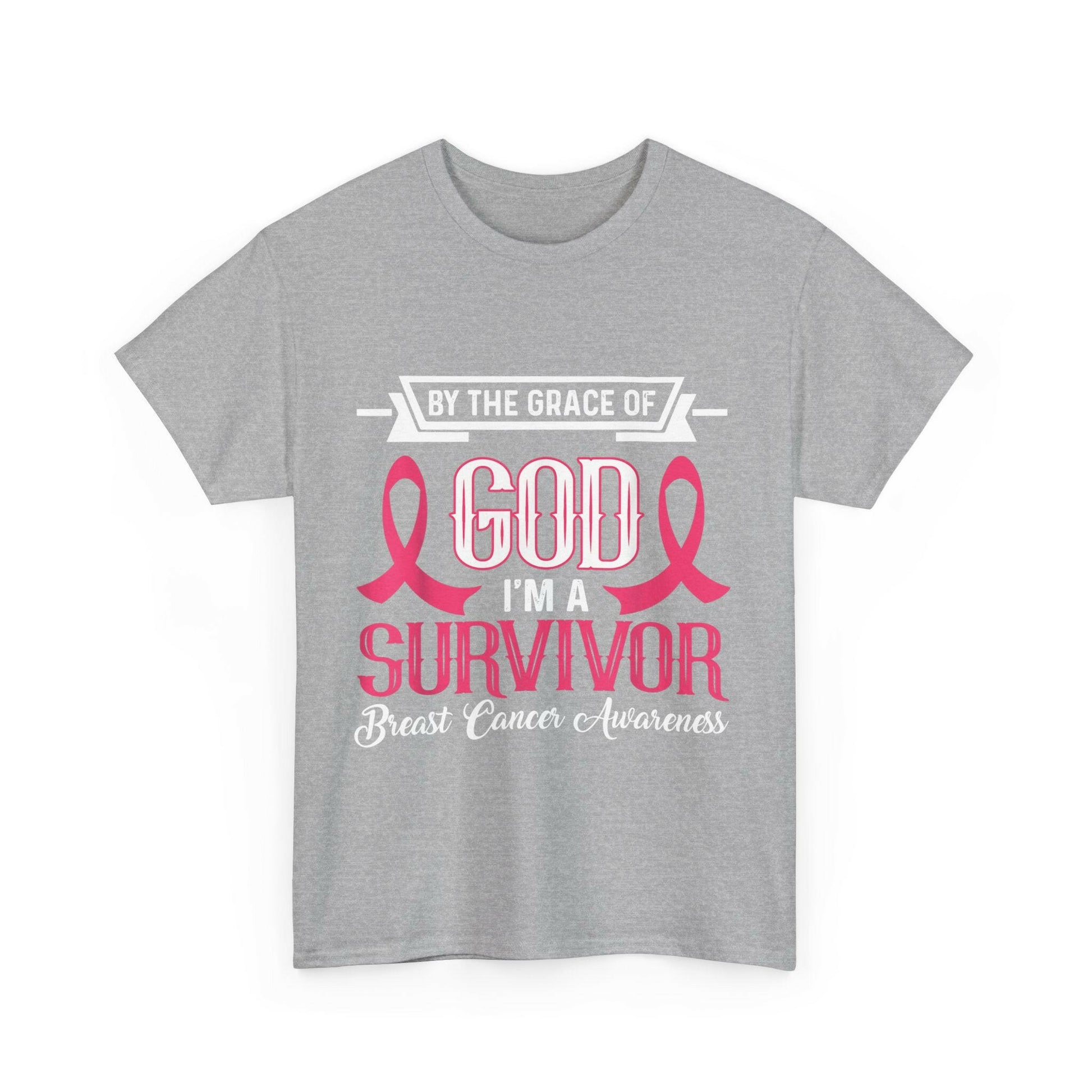 God is Survivor Unisex Heavy Cotton Tee | Pink Ribbon Shirt, Breast Cancer Awareness, Gift for Survivors, Supportive T-Shirt, [...] Printify