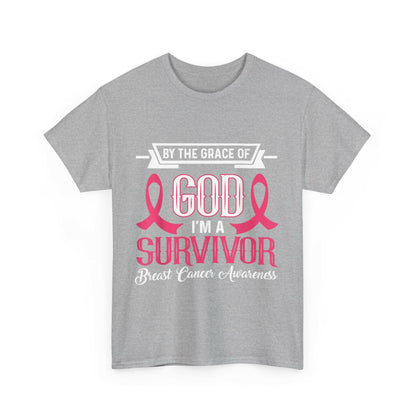 God is Survivor Unisex Heavy Cotton Tee | Pink Ribbon Shirt, Breast Cancer Awareness, Gift for Survivors, Supportive T-Shirt, [...] Printify