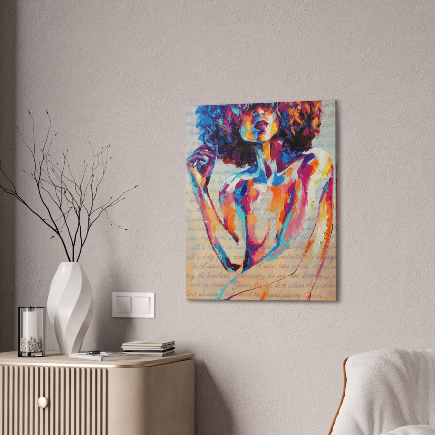Colorful Abstract Woman Canvas Wall Art – Vibrant Afro Portrait Stretched Canvas