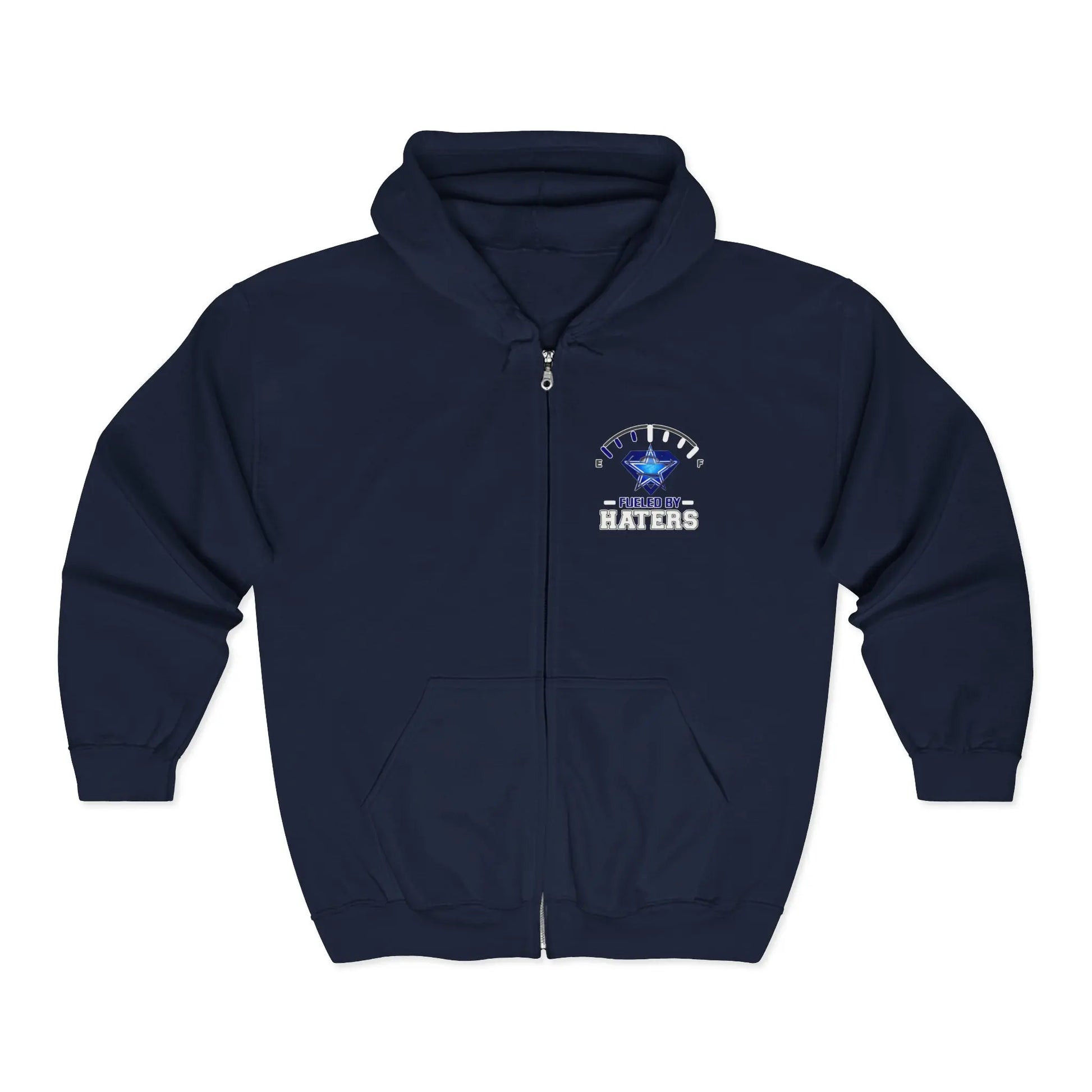 Fueled by Haters" Zip-Up Hoodie with Graphic Emblem & Roomy Pockets Printify