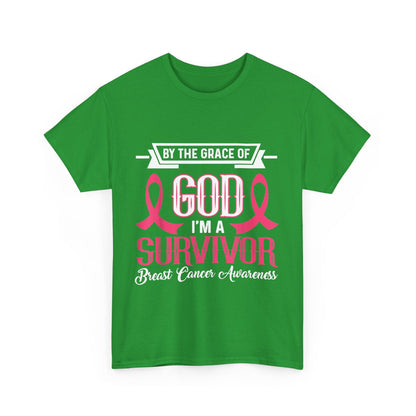 God is Survivor Unisex Heavy Cotton Tee | Pink Ribbon Shirt, Breast Cancer Awareness, Gift for Survivors, Supportive T-Shirt, [...] Printify