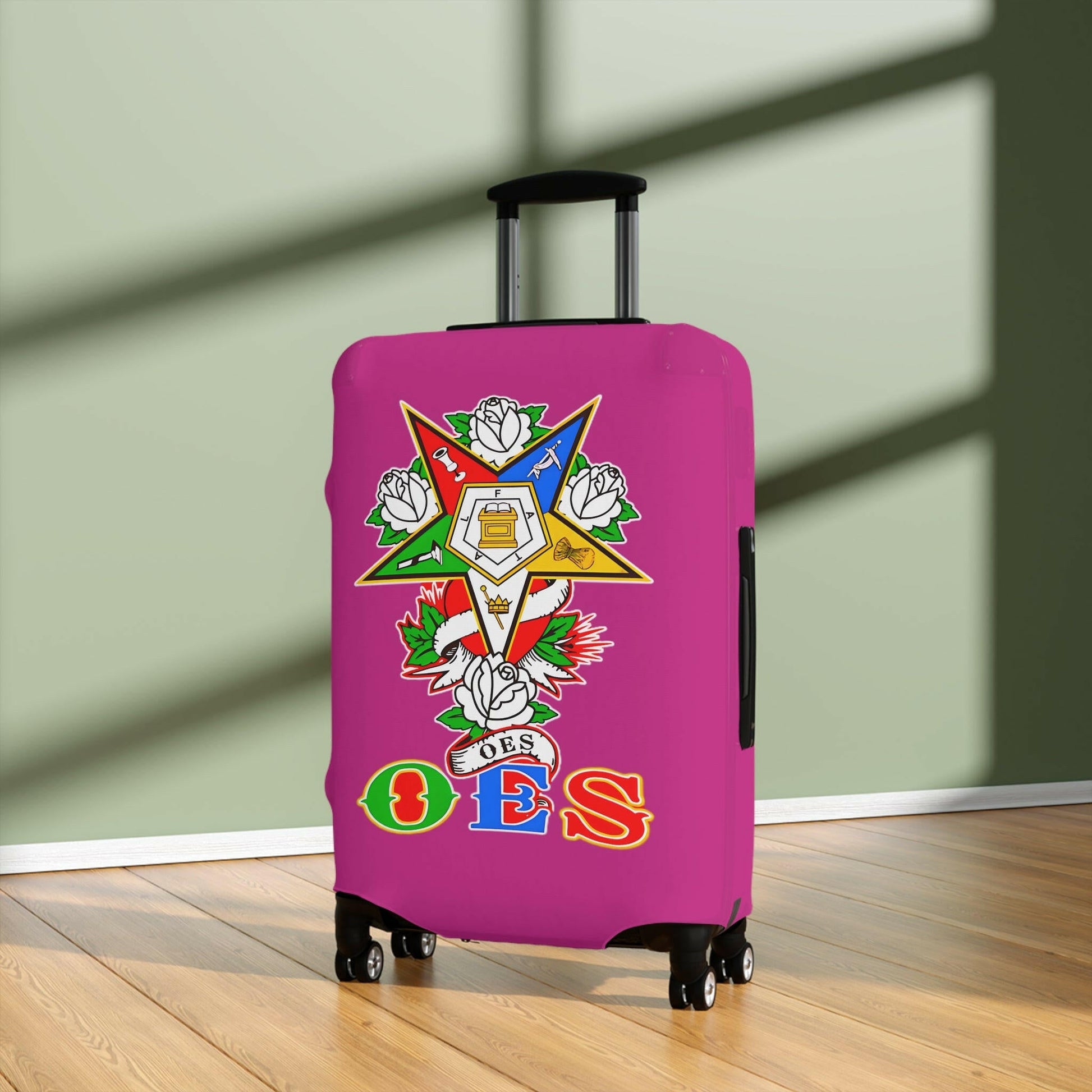 Order of Eastern Star Luggage Cover - Travel Accessory, Suitcase Protector, Freemasonry Gift, Masonic Organization, OES Emblem Printify