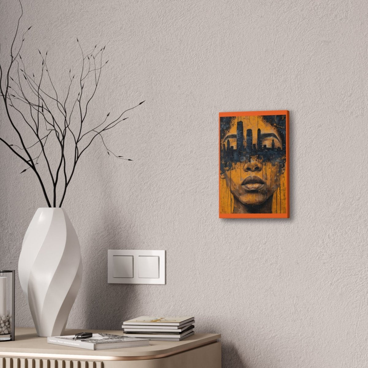 Urban Muse Canvas Print — City Skyline Face Art, Modern Orange Wall Decor - Nineteen 29 Kustom