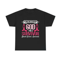 God is Survivor Unisex Heavy Cotton Tee | Pink Ribbon Shirt, Breast Cancer Awareness, Gift for Survivors, Supportive T-Shirt, [...] Printify