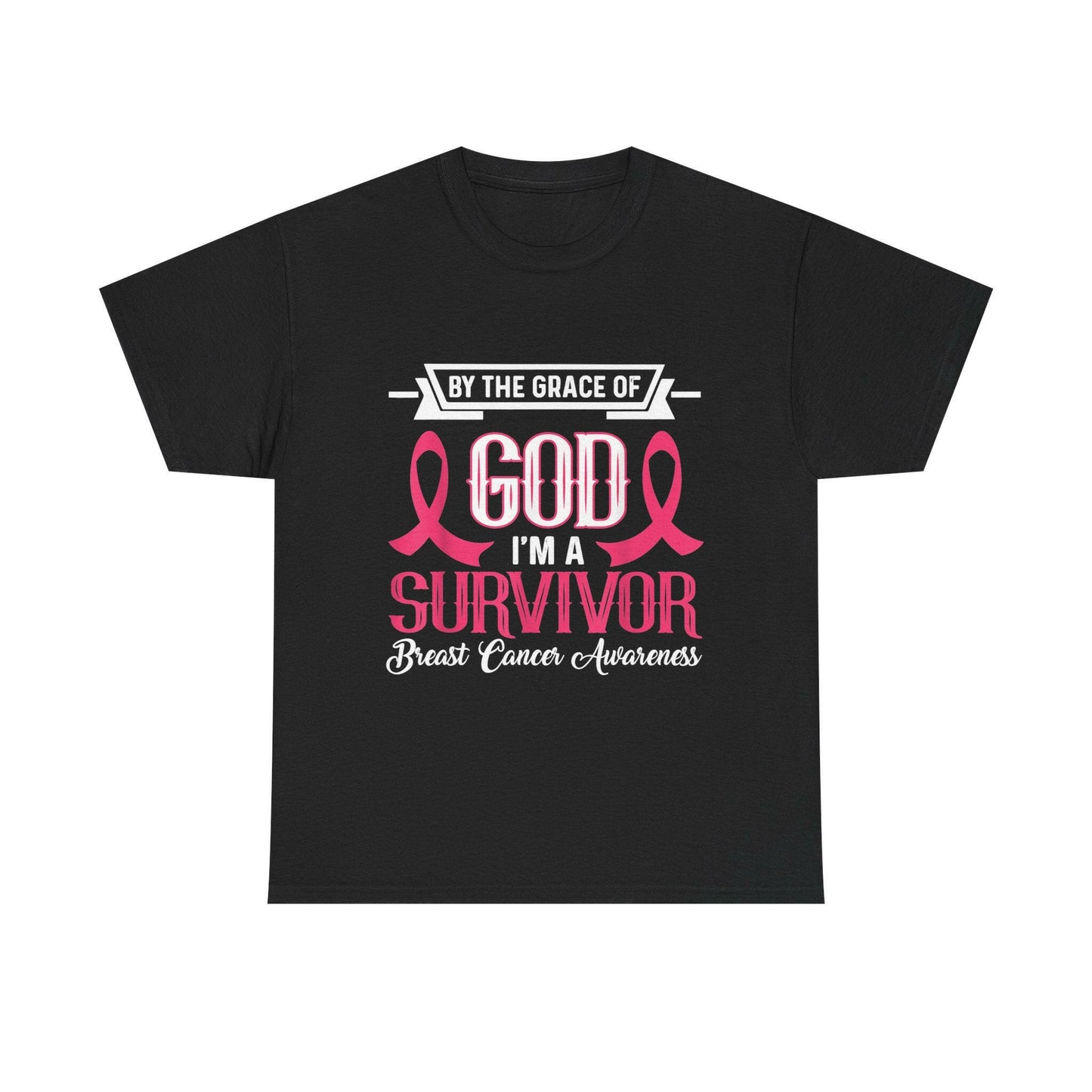God is Survivor Unisex Heavy Cotton Tee | Pink Ribbon Shirt, Breast Cancer Awareness, Gift for Survivors, Supportive T-Shirt, [...] Printify