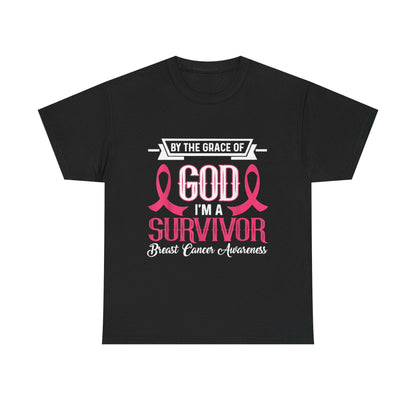 God is Survivor Unisex Heavy Cotton Tee | Pink Ribbon Shirt, Breast Cancer Awareness, Gift for Survivors, Supportive T-Shirt, [...] Printify
