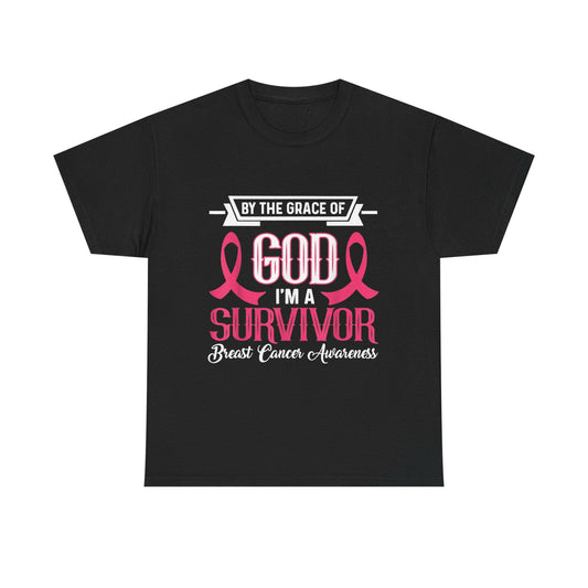 God is Survivor Unisex Heavy Cotton Tee | Pink Ribbon Shirt, Breast Cancer Awareness, Gift for Survivors, Supportive T-Shirt, [...] Printify