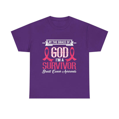 God is Survivor Unisex Heavy Cotton Tee | Pink Ribbon Shirt, Breast Cancer Awareness, Gift for Survivors, Supportive T-Shirt, [...] Printify