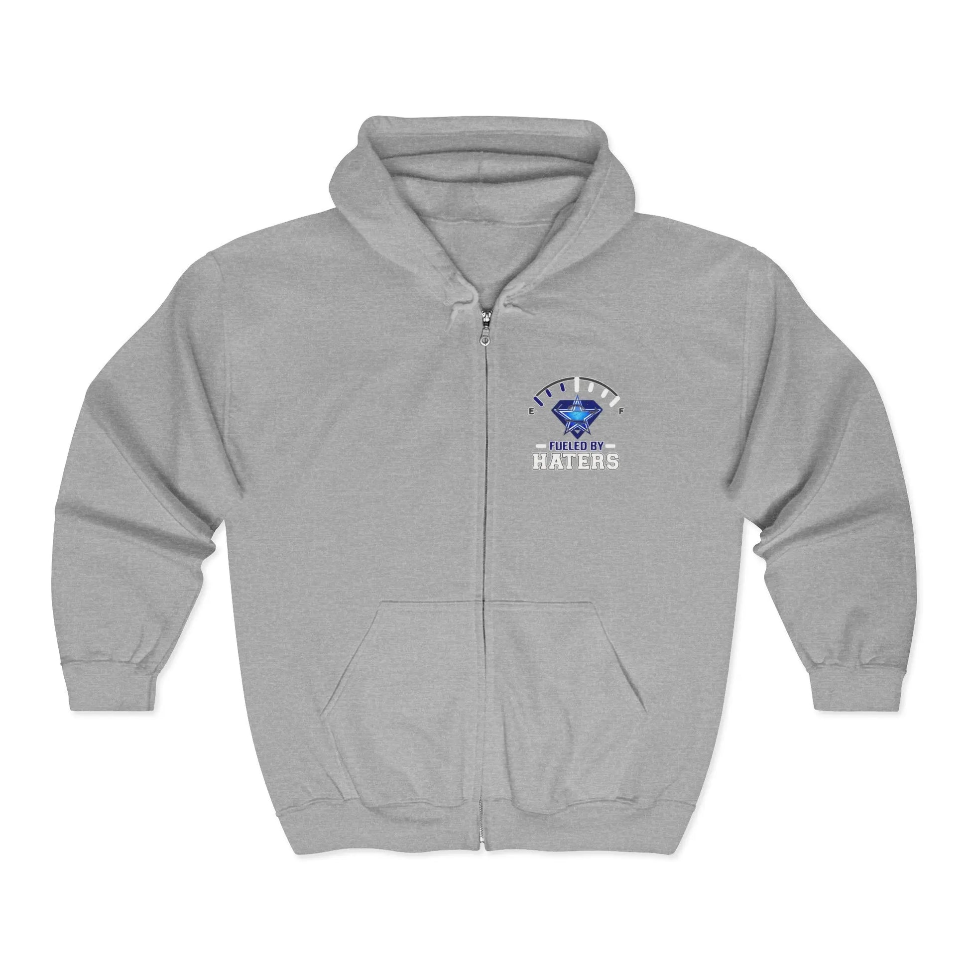 Fueled by Haters" Zip-Up Hoodie with Graphic Emblem & Roomy Pockets Printify