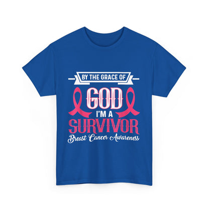 God is Survivor Unisex Heavy Cotton Tee | Pink Ribbon Shirt, Breast Cancer Awareness, Gift for Survivors, Supportive T-Shirt, [...] Printify