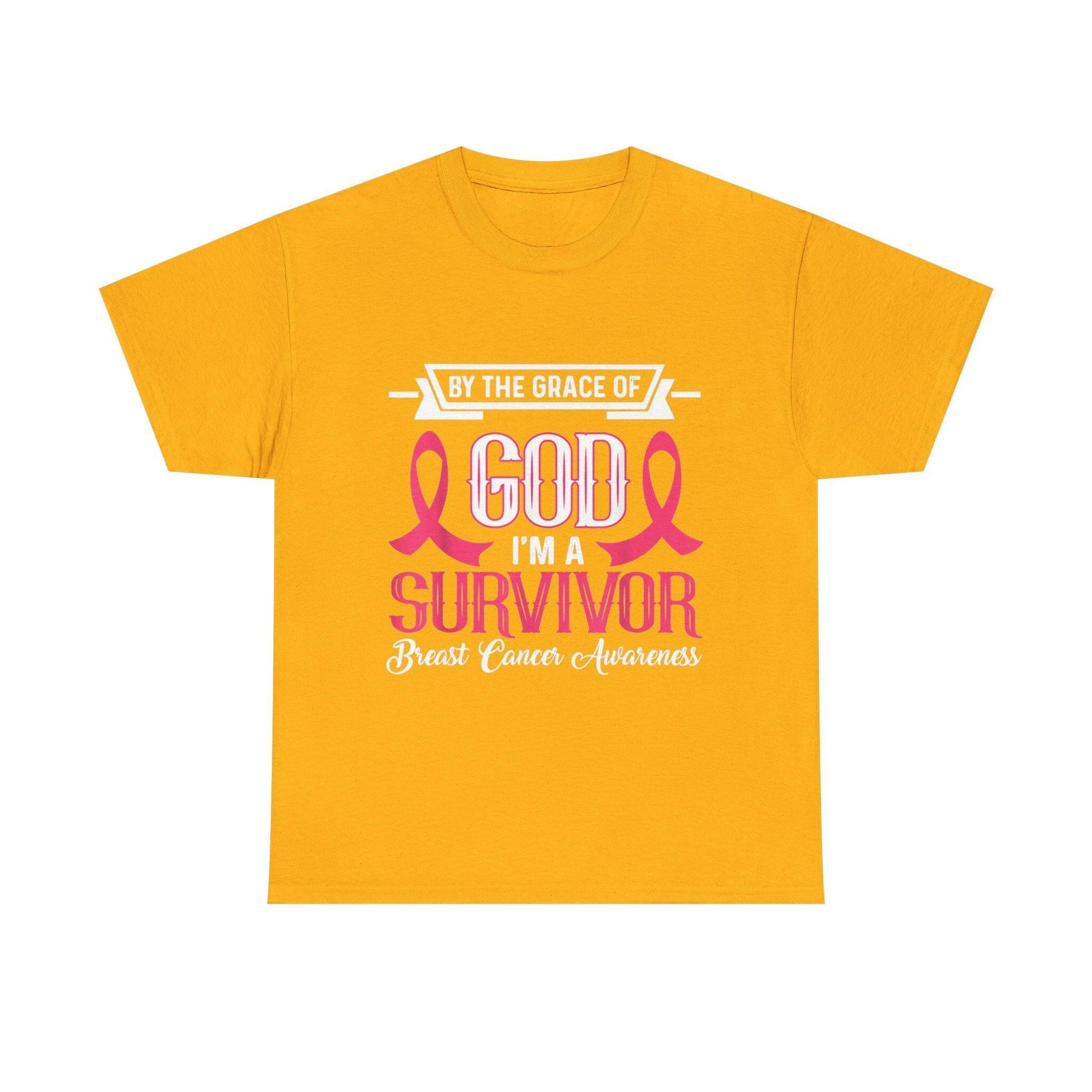 God is Survivor Unisex Heavy Cotton Tee | Pink Ribbon Shirt, Breast Cancer Awareness, Gift for Survivors, Supportive T-Shirt, [...] Printify