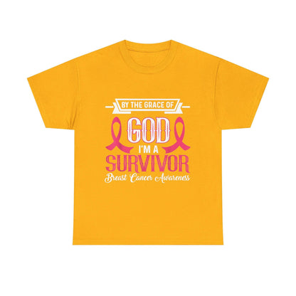 God is Survivor Unisex Heavy Cotton Tee | Pink Ribbon Shirt, Breast Cancer Awareness, Gift for Survivors, Supportive T-Shirt, [...] Printify