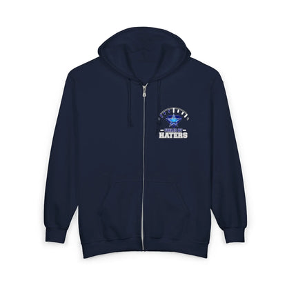 Fueled by Haters" Zip-Up Hoodie with Graphic Emblem & Roomy Pockets Printify