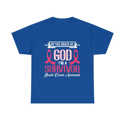 God is Survivor Unisex Heavy Cotton Tee | Pink Ribbon Shirt, Breast Cancer Awareness, Gift for Survivors, Supportive T-Shirt, [...] Printify