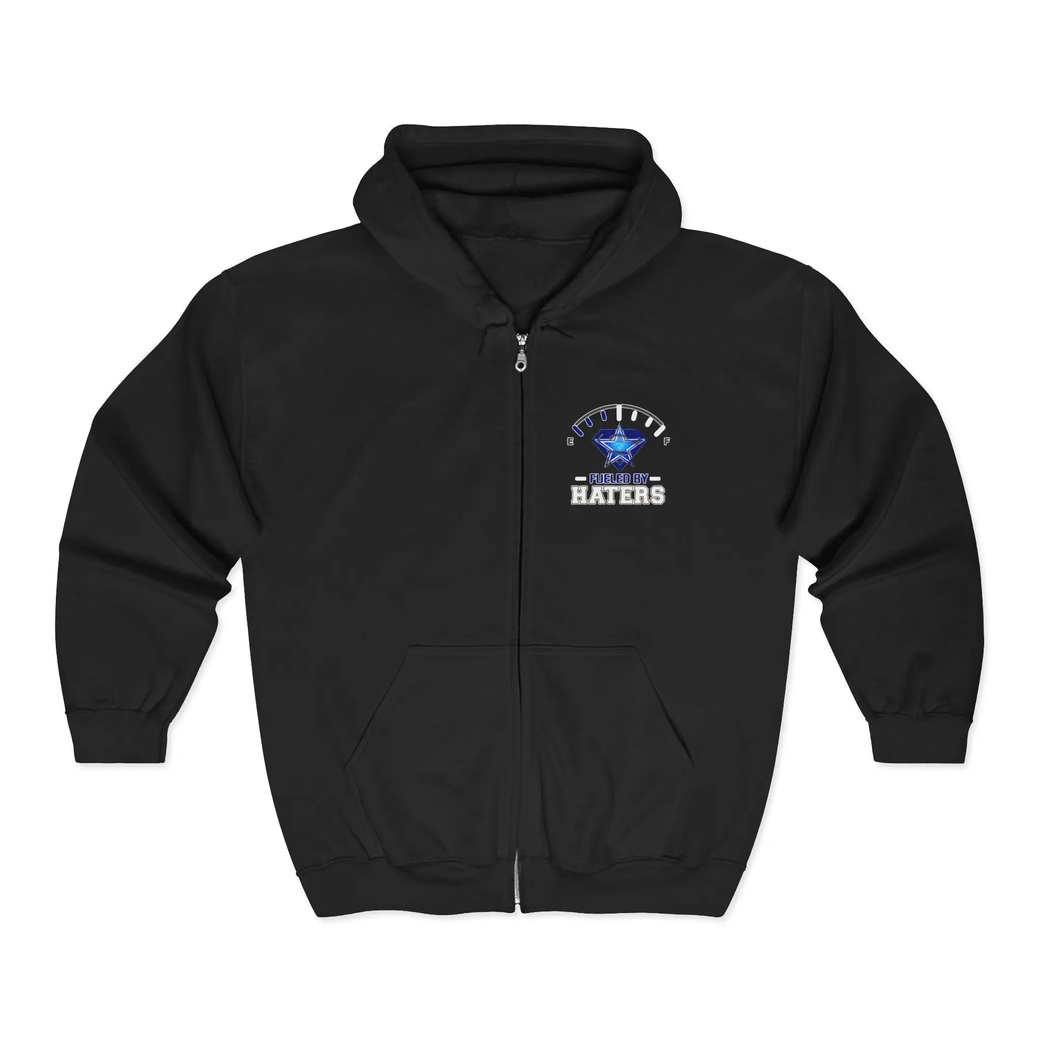 Fueled by Haters" Zip-Up Hoodie with Graphic Emblem & Roomy Pockets