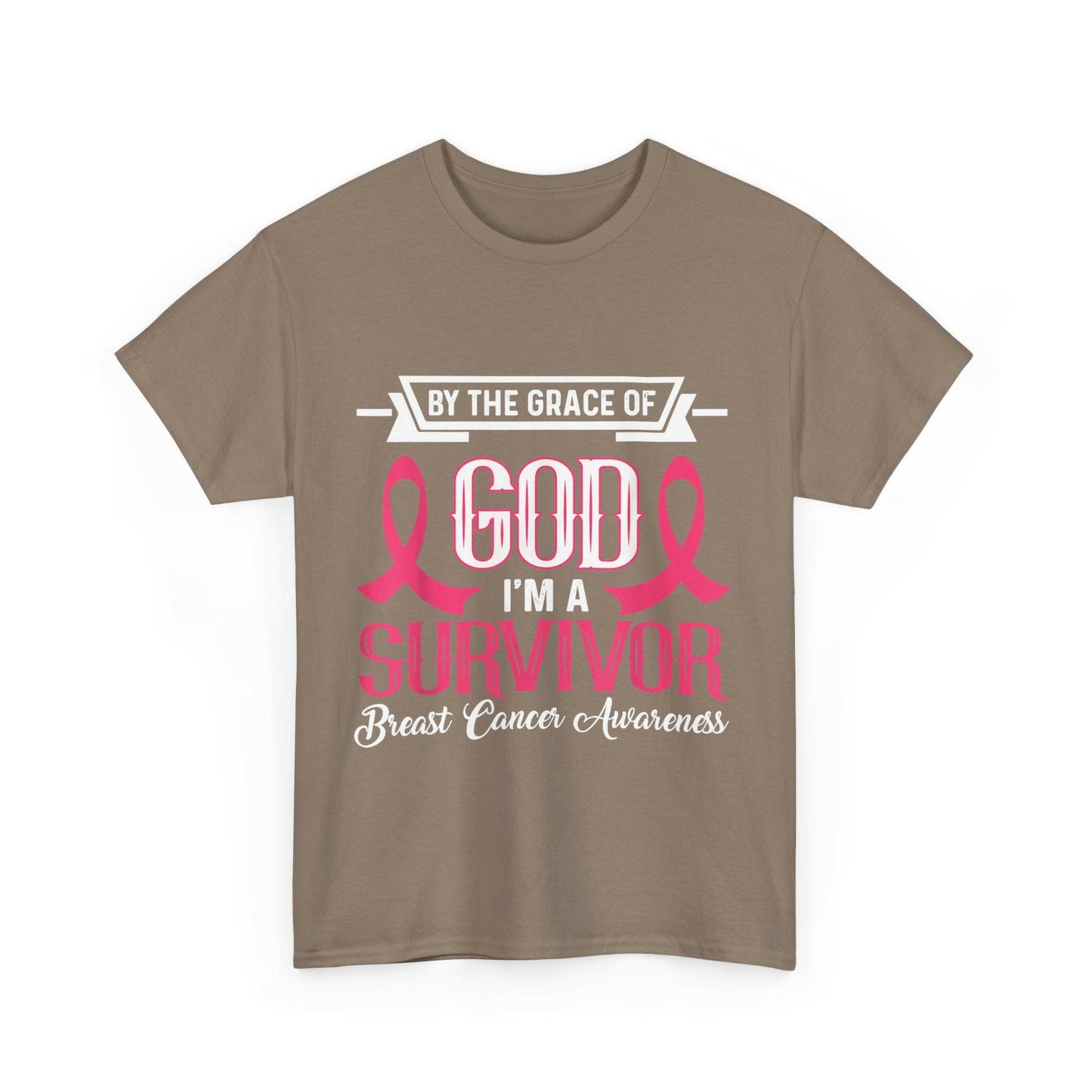 God is Survivor Unisex Heavy Cotton Tee | Pink Ribbon Shirt, Breast Cancer Awareness, Gift for Survivors, Supportive T-Shirt, [...] Printify