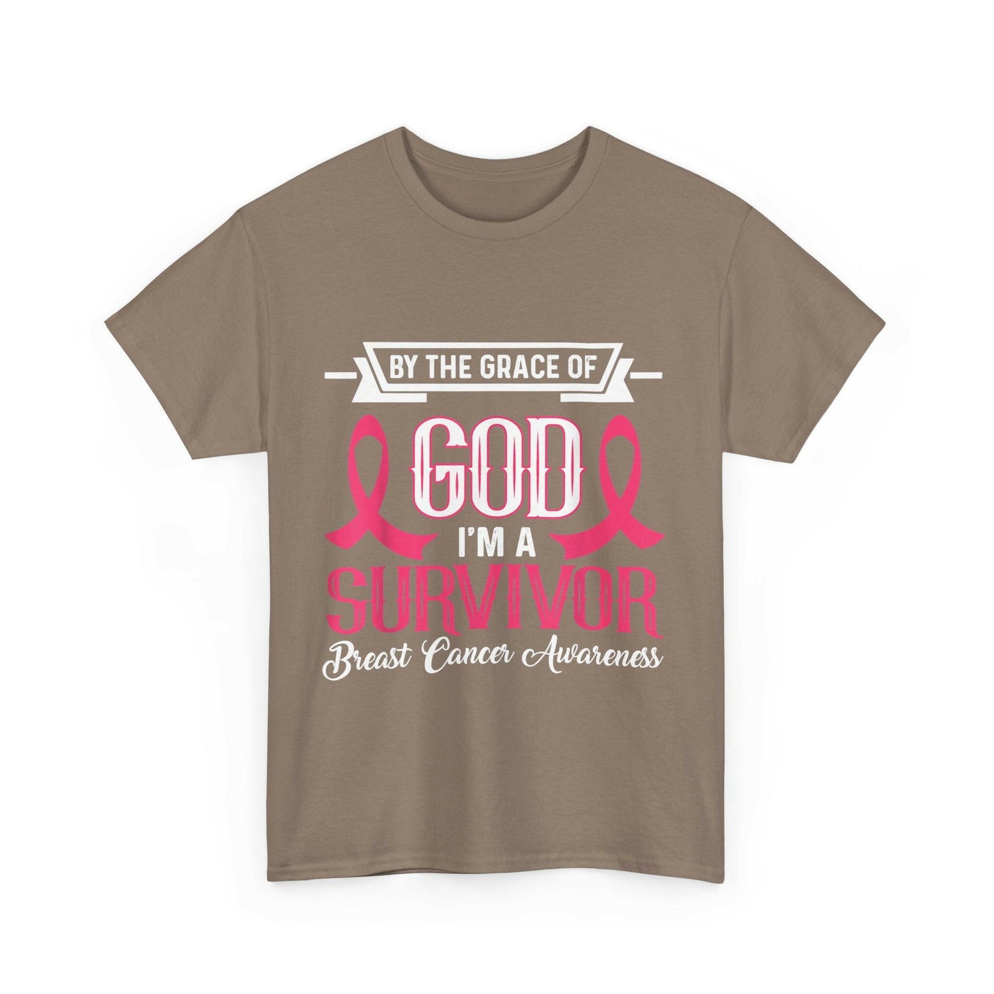 God is Survivor Unisex Heavy Cotton Tee | Pink Ribbon Shirt, Breast Cancer Awareness, Gift for Survivors, Supportive T-Shirt, [...] Printify