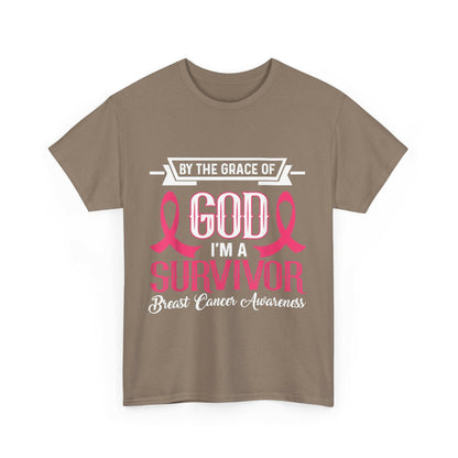 God is Survivor Unisex Heavy Cotton Tee | Pink Ribbon Shirt, Breast Cancer Awareness, Gift for Survivors, Supportive T-Shirt, [...] Printify