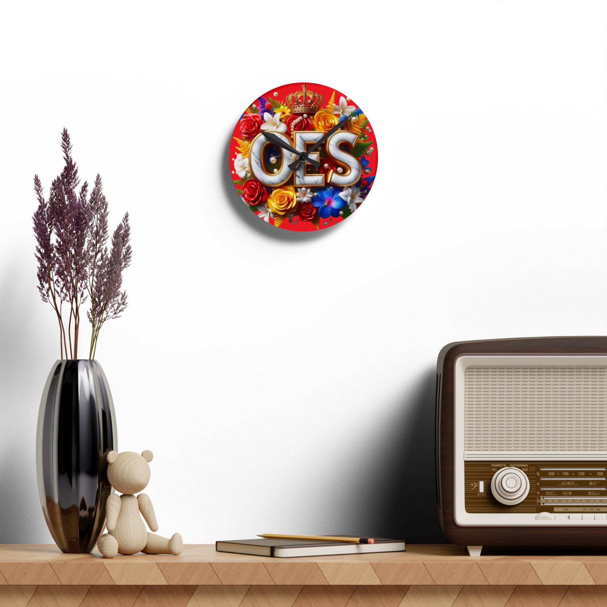 Order of Eastern Star Red Acrylic Wall Clock - Masonic Organization Home Decor, OES Gift, Masonic Lodge Wall Art, Customizable Freemason - Nineteen 29 Kustom