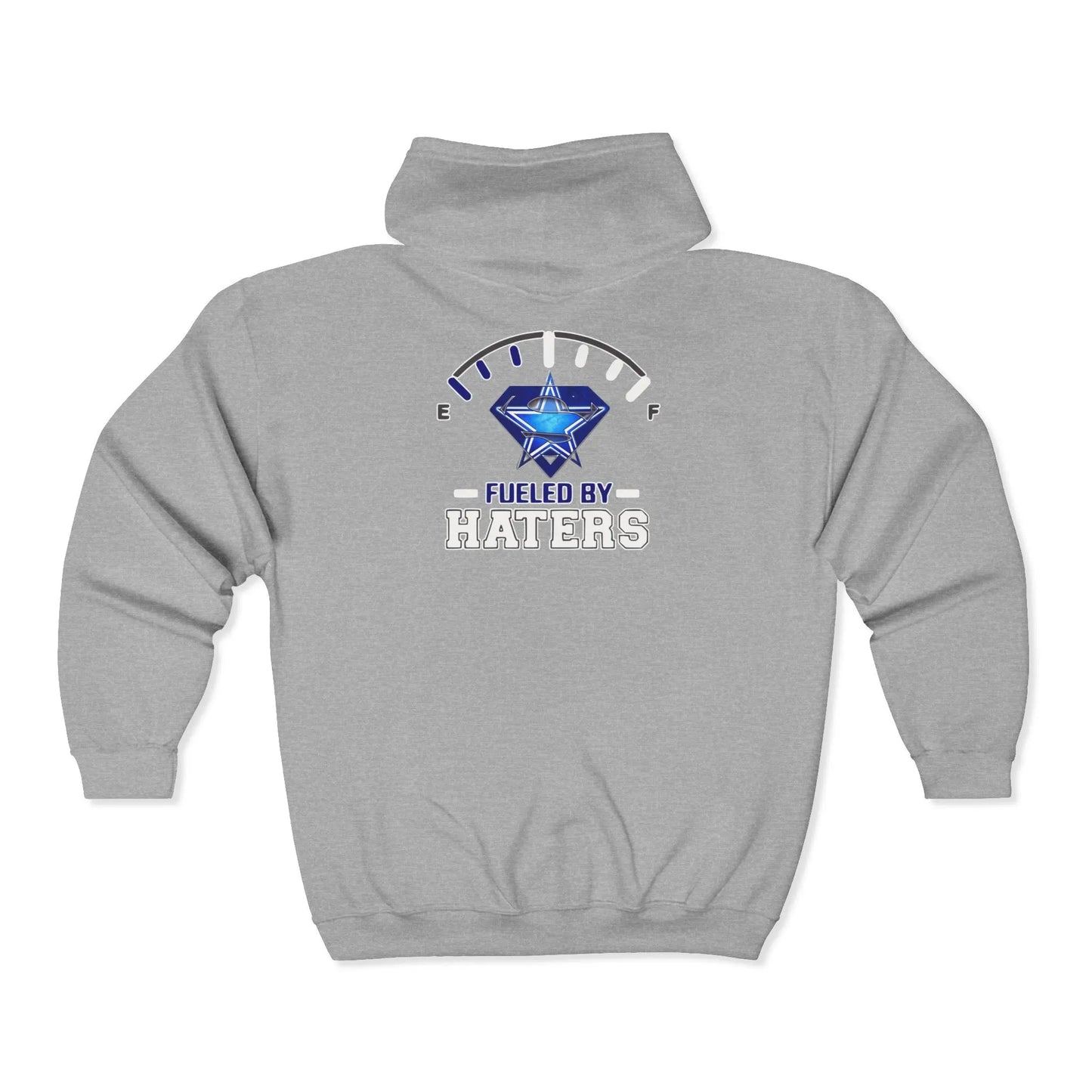 Fueled by Haters" Zip-Up Hoodie with Graphic Emblem & Roomy Pockets Printify
